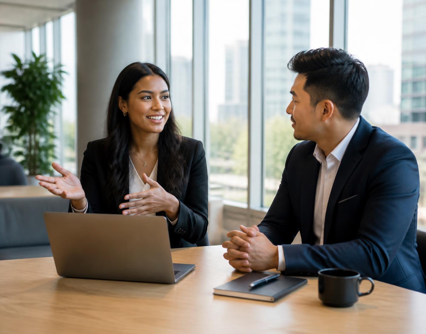 Two professionals in conversation during a consultation in a bright modern Canadian office
