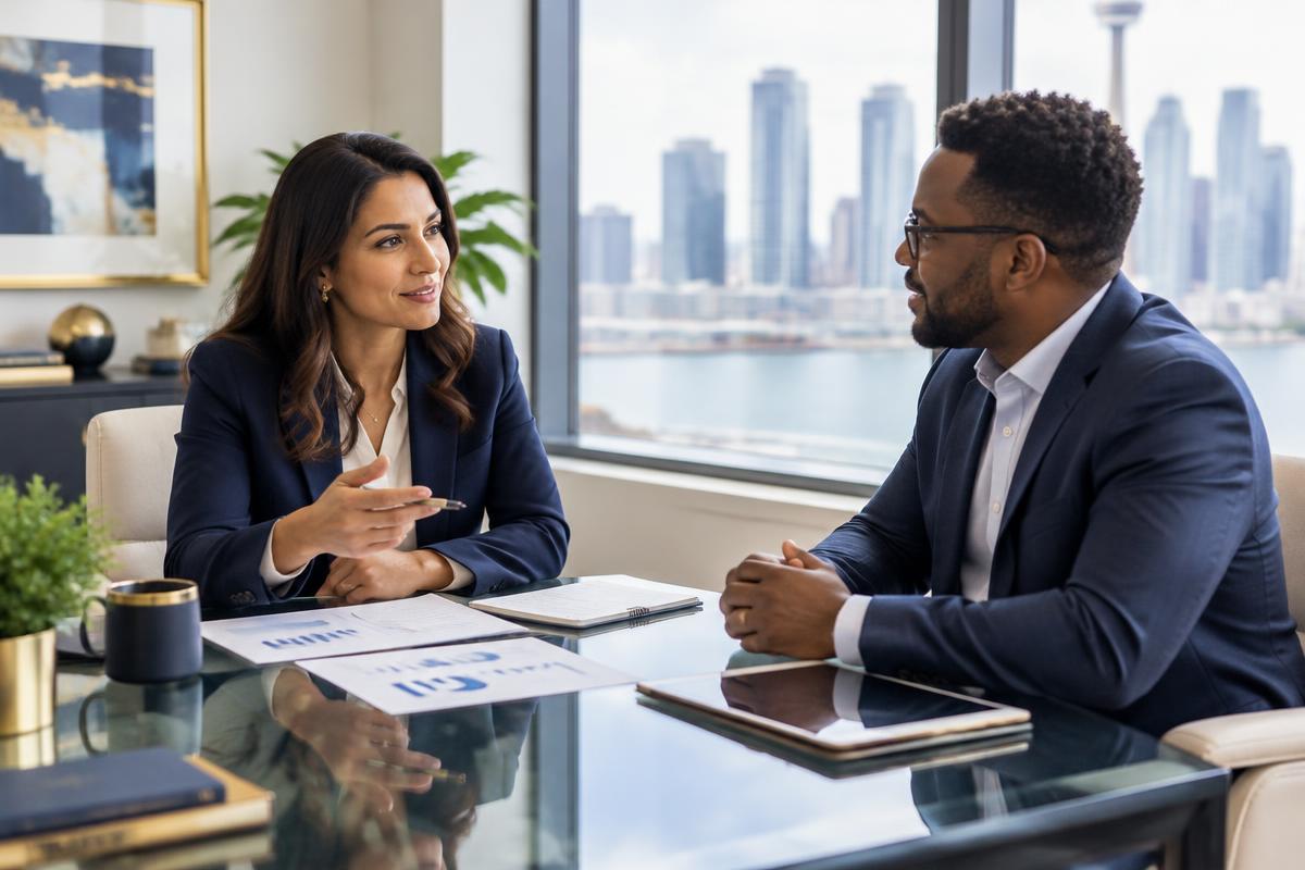 A consultant and a client reviewing business growth charts together at a glass table in a bright office