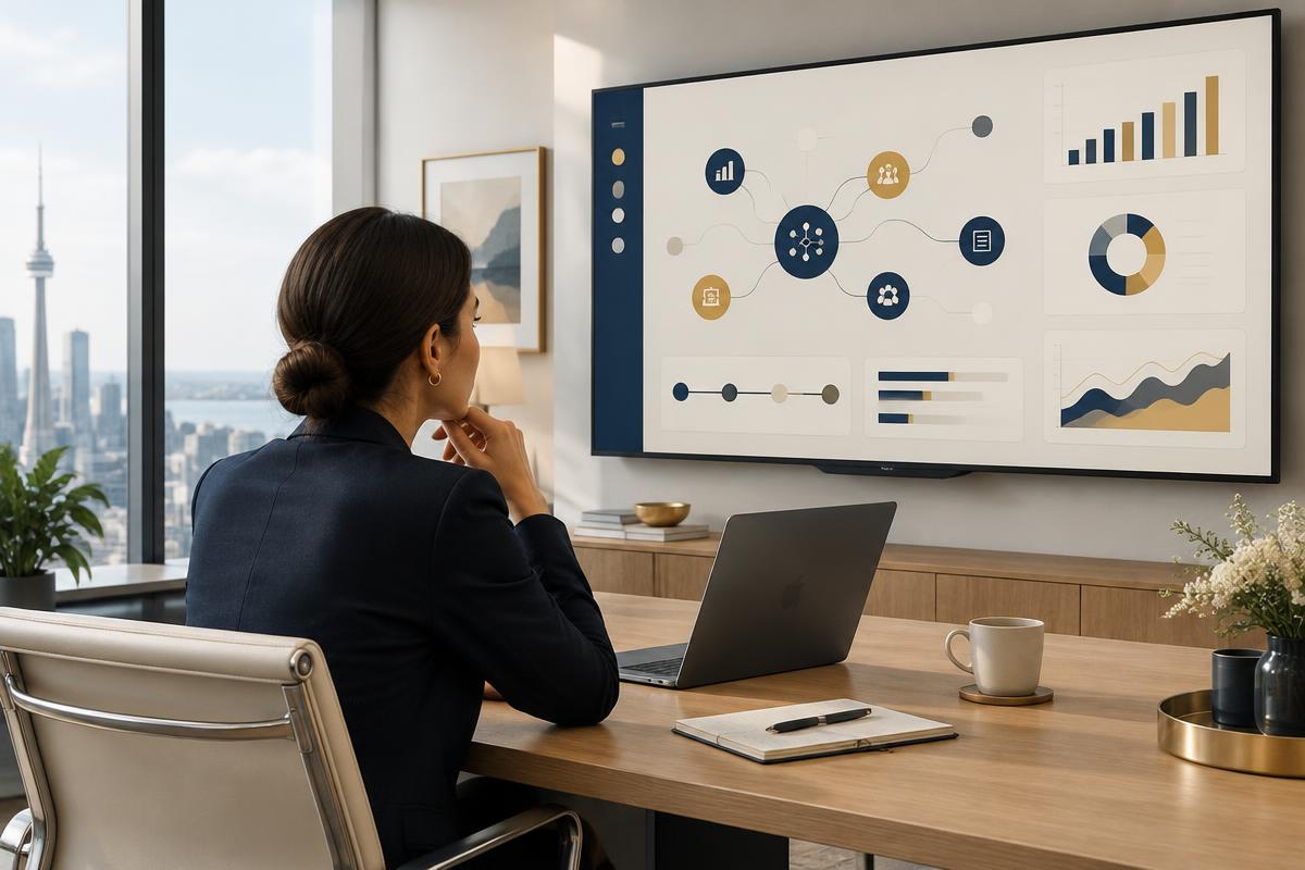 A professional reviewing an automated workflow dashboard on a monitor in a bright modern office